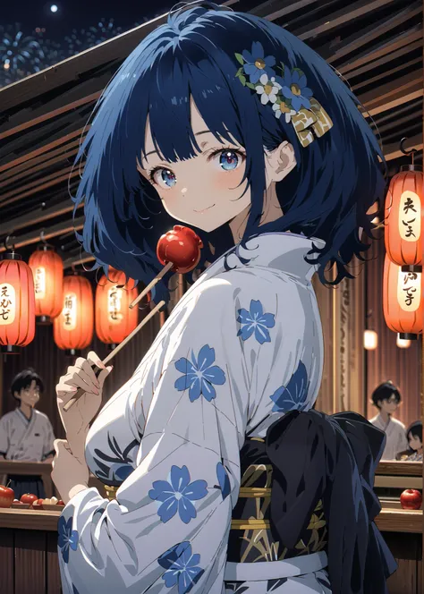 score_9, score_8_up, score_7_up, source_anime, Anayanami ,side lock,Single dumpling hair , Nape,flower hair ornament,blue eyes, stupid hair, blue hair,Big Breasts,smile,cover,Blue flower pattern kimono,turns around,Holding a candy apple with a stick in one...