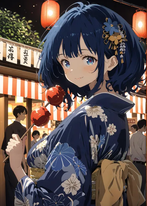 score_9, score_8_up, score_7_up, source_anime, Anayanami ,side lock,Single dumpling hair , Nape,flower hair ornament,blue eyes, stupid hair, blue hair,Big Breasts,smile,cover,Blue flower pattern kimono,turns around,Holding a candy apple with a stick in one...