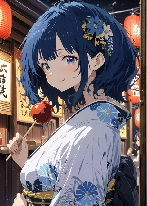 score_9, score_8_up, score_7_up, source_anime, Anayanami ,side lock,Single dumpling hair , Nape,flower hair ornament,blue eyes, stupid hair, blue hair,Big Breasts,smile,cover,Blue flower pattern kimono,turns around,Holding a candy apple with a stick in one...