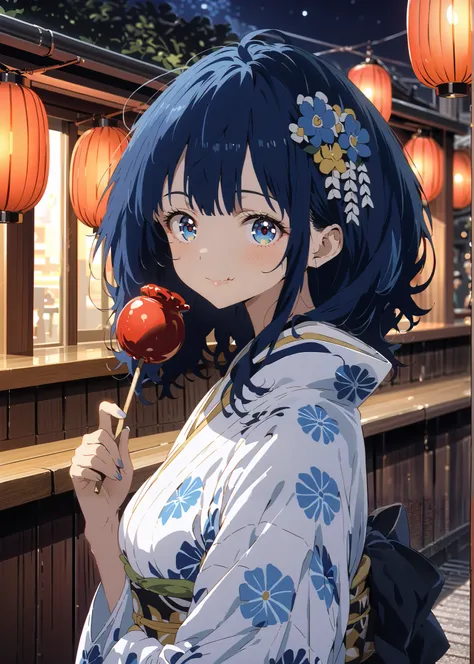 score_9, score_8_up, score_7_up, source_anime, Anayanami ,side lock,Single dumpling hair , Nape,flower hair ornament,blue eyes, stupid hair, blue hair,Big Breasts,smile,cover,Blue flower pattern kimono,turns around,Holding a candy apple with a stick in one...