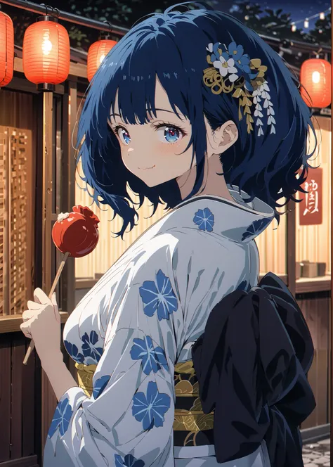 score_9, score_8_up, score_7_up, source_anime, Anayanami ,side lock,Single dumpling hair , Nape,flower hair ornament,blue eyes, stupid hair, blue hair,Big Breasts,smile,cover,Blue flower pattern kimono,turns around,Holding a candy apple with a stick in one...