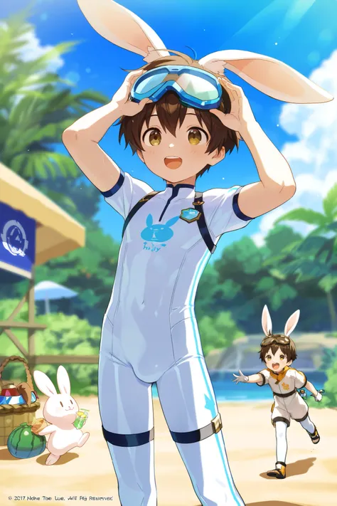 a boy, short hair,Boy in a blue and white bodysuit,Standing,cute,A with brown hair in white stockings,Goggles,looped rabbit ears, masterpiece, best quality ,male focus, Shota,enjoy,summer,Short sleeve,happy