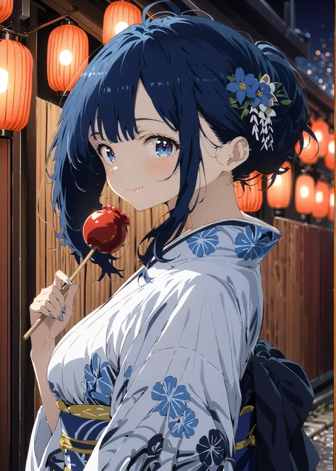 score_9, score_8_up, score_7_up, source_anime, Anayanami ,side lock,Single dumpling hair , Nape,flower hair ornament,blue eyes, stupid hair, blue hair,Big Breasts,smile,cover,Blue flower pattern kimono,turns around,Holding a candy apple with a stick in one...