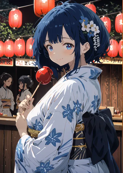 score_9, score_8_up, score_7_up, source_anime, Anayanami ,side lock,Single dumpling hair , Nape,flower hair ornament,blue eyes, stupid hair, blue hair,Big Breasts,smile,cover,Blue flower pattern kimono,turns around,Holding a candy apple with a stick in one...