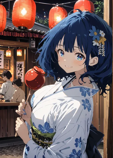 score_9, score_8_up, score_7_up, source_anime, Anayanami ,side lock,Single dumpling hair , Nape,flower hair ornament,blue eyes, stupid hair, blue hair,Big Breasts,smile,cover,Blue flower pattern kimono,turns around,Holding a candy apple with a stick in one...