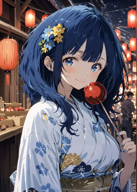 score_9, score_8_up, score_7_up, source_anime, Anayanami ,side lock,Single dumpling hair , Nape,flower hair ornament,blue eyes, stupid hair, blue hair,Big Breasts,smile,cover,Blue flower pattern kimono,turns around,Holding a candy apple with a stick in one...
