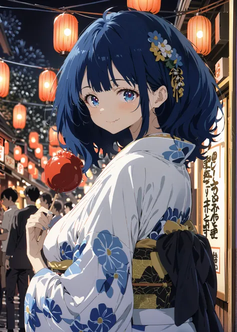 score_9, score_8_up, score_7_up, source_anime, Anayanami ,side lock,Single dumpling hair , Nape,flower hair ornament,blue eyes, stupid hair, blue hair,Big Breasts,smile,cover,Blue flower pattern kimono,turns around,Holding a candy apple with a stick in one...