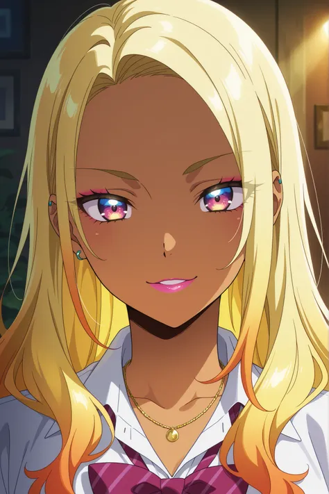 highres, newest, anime screencap, anime coloring, 2d, 1girl, whore,gyaru, beautiful detailed anime girl portrait, elegant pose, confident expression, sharp facial features, vibrant anime-styled coloring, vivid colors, photorealistic, 8k, studio lighting, p...