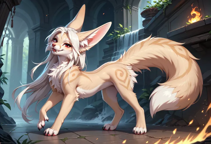 by Zackary911, by Kenket, by Kilinah, by fluff-kevlar, feral, mommy female white fennec fox, solo, long white hair, red eyes, fangs, full body, one big tail, dark priest with black and red cloack, seductive pose, ((three quater view, back view)), full bod...
