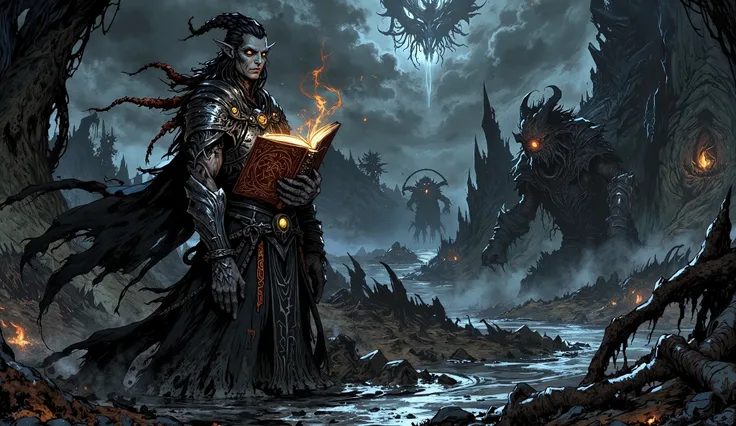 Amidst a swirling void of shadow and fire, a resolute woman stands as the centerpiece of a haunting tableau. Clad in dark, ornate robes adorned with cryptic symbols, she clutches a mysterious tome etched with glowing, runic script. The book pulses faintly,...