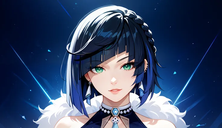 (Masterpiece, absurdres, topquality) 1girl, solo, yelan, black hair, blue hair, eyebrows hidden by hair, green eyes, multicolored hair, short hair, wallpaper, cinematic, dynamic background
