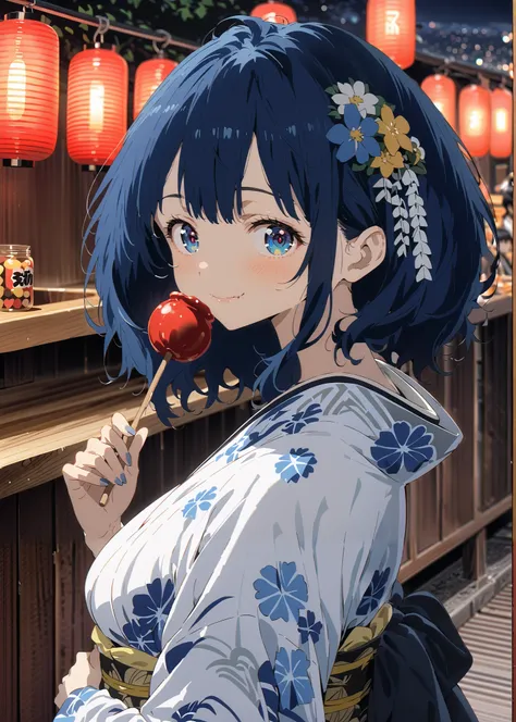 score_9, score_8_up, score_7_up, source_anime, Anayanami ,side lock,Single dumpling hair , Nape,flower hair ornament,blue eyes, stupid hair, blue hair,Big Breasts,smile,cover,Blue flower pattern kimono,turns around,Holding a candy apple with a stick in one...