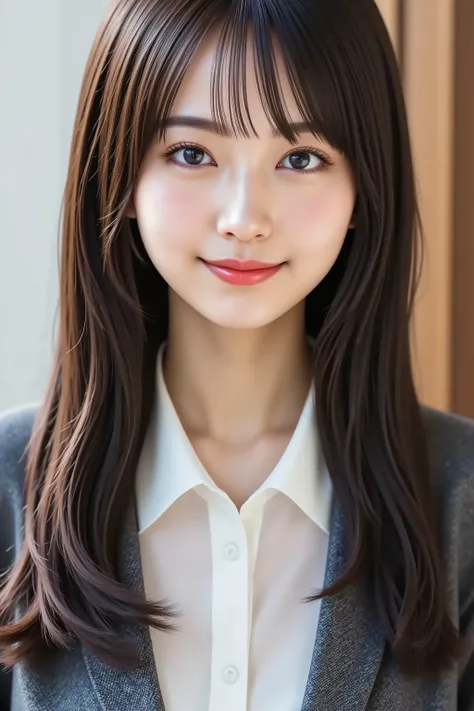A highly detailed, ultra-realistic digital illustration of a beautiful young Asian woman, with her upper body fully visible and centered in the frame. She has long, smooth black カーリーhair with soft bangs, and her clear, luminous skin complements her warm, i...