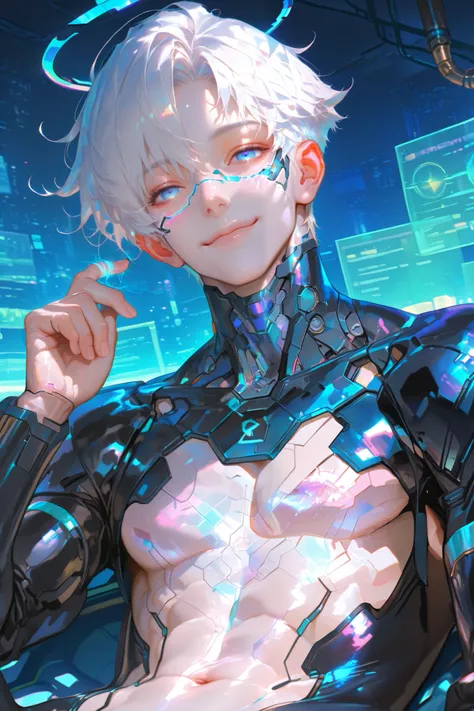 masterpiece, best quality, Detailed Eyes, boy, shortcut white hair, blue eye, semi realistic, toned, blue neon accessories, black cyber fullsuit, smile, solo charactor, cyberpunk background, hologram, hologram blue halo, looking at viewer, no nipple, scrat...