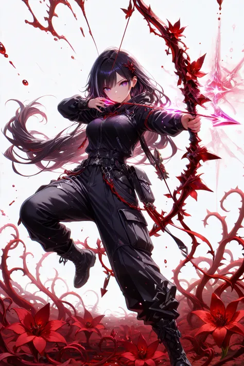 (masterpiece, best quality), amazing quality, very aesthetic, absurdres, newest, HDR, 8K, high detail RAW color art, gacha splash art, 1girl, purple eyes, multicolored eyes, black hair with pruple streaks, very long hair, medium breasts, long sleeves, blac...
