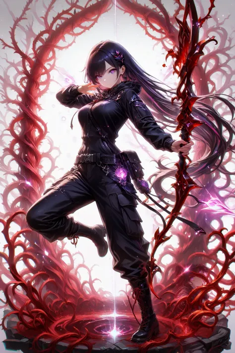 (masterpiece, best quality), amazing quality, very aesthetic, absurdres, newest, HDR, 8K, high detail RAW color art, gacha splash art, 1girl, purple eyes, multicolored eyes, black hair with pruple streaks, very long hair, medium breasts, long sleeves, blac...