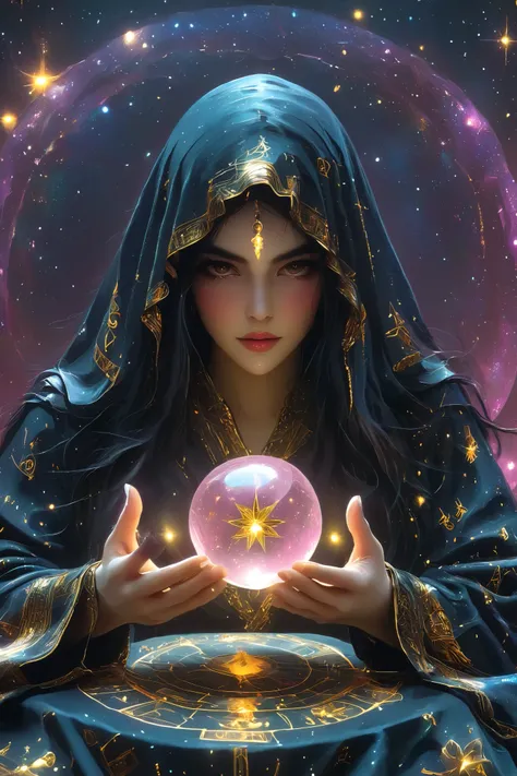 Magnificent, A pink robed astrologer sits quietly at a table covered with symbols,Holding a crystal star ball in hand,sits on the Zodiac table cloth,glowing colorful zodiac, There is arabic text at the bottom of the card, fit snugly on face, Tarot, Very hi...