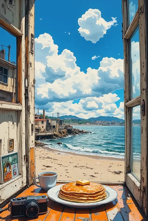 Views from an Open Window, old, Peeled Wood Window Frames,A plate with pancakes on it,  vintage camera , pictures, A cup of tea, clear blue sky,Creamy Clouds, sunny day, Picturesque Views of the Harbor, beach , Stickers and pictures on the side of the wind...