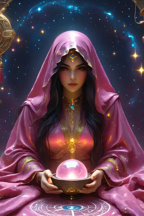 Magnificent, A pink robed astrologer sits quietly at a table covered with symbols,Holding a crystal star ball in hand,sits on the Zodiac table cloth,glowing colorful zodiac, There is arabic text at the bottom of the card, fit snugly on face, Tarot, Very hi...