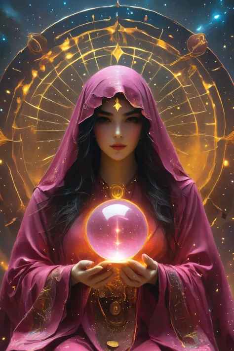 Magnificent, A robed astrologer sits quietly at a table covered with symbols,Holding a crystal star ball in hand,sits on the Zodiac table cloth,glowing colorful zodiac, There is arabic text at the bottom of the card, fit snugly on face, Tarot, Very high te...