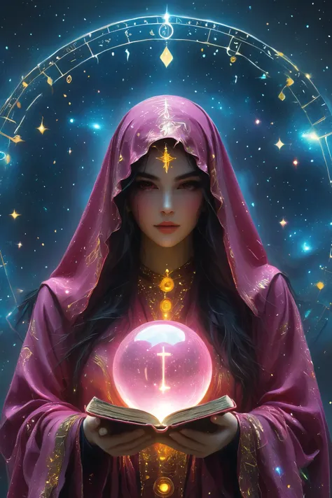 Magnificent, A robed astrologer sits quietly at a table covered with symbols,Holding a crystal star ball in hand,sits on the Zodiac table cloth,glowing colorful zodiac, There is arabic text at the bottom of the card, fit snugly on face, Tarot, Very high te...