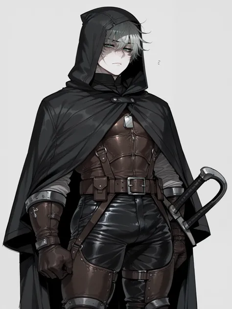 ((ratatatat74)), ((1 boy)), ((male)), ((tall)), adult, Quality_masterpiece, Anatomically correct, fair_skin, white_skin, athletic and muscular build, slender, short disheveled gray hair, (jade eyes), half-closed eyes, (tareme), detail_eyes, black hooded cl...