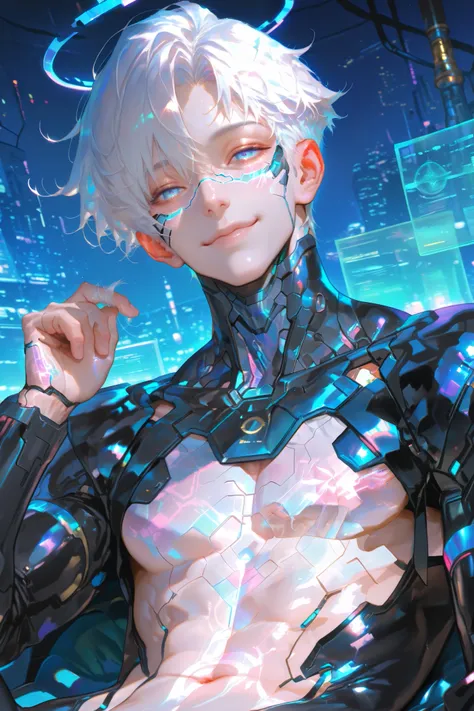 masterpiece, best quality, Detailed Eyes, boy, shortcut white hair, blue eye, semi realistic, toned, blue neon accessories, black cyber fullsuit, smile, solo charactor, cyberpunk background, hologram, hologram blue halo, looking at viewer, no nipple, scrat...