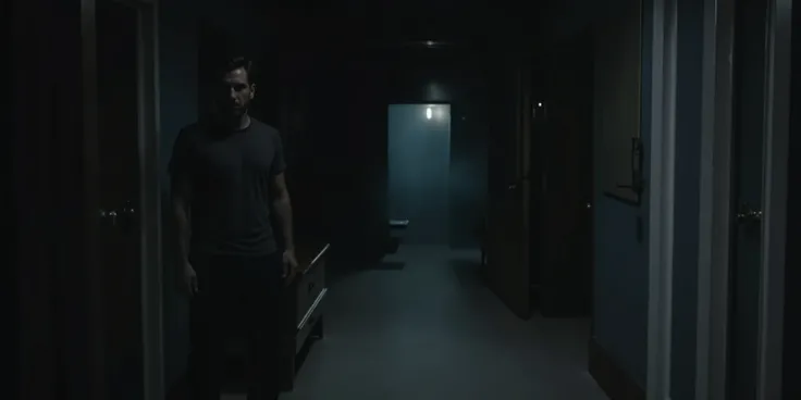 berke,4K, horror film, highest quality, cool tones, corridor, hallway. A man wearing a black t-shirt and casual pants stands in the hallway, with rich details. Frontal view, direct shot, close-up of the face,