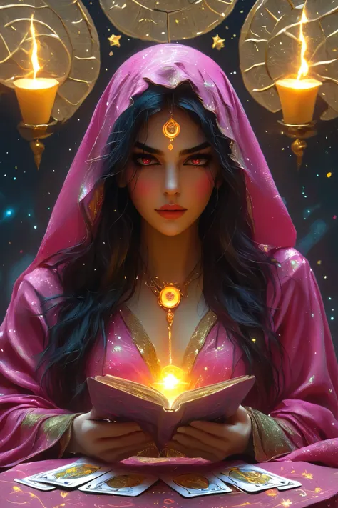 Magnificent, A robed astrologer sits quietly at a table covered with symbols,showing up a gypsy tarot cards in her hand,sits on the Zodiac table cloth,glowing eyes,glowing colorful zodiac, There is arabic text at the bottom of the card, fit snugly on face,...
