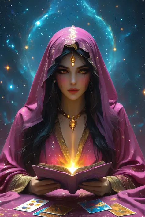 Magnificent, A robed astrologer sits quietly at a table covered with symbols,showing up a gypsy tarot cards in her hand,sits on the Zodiac table cloth,glowing eyes,glowing colorful zodiac, There is arabic text at the bottom of the card, fit snugly on face,...