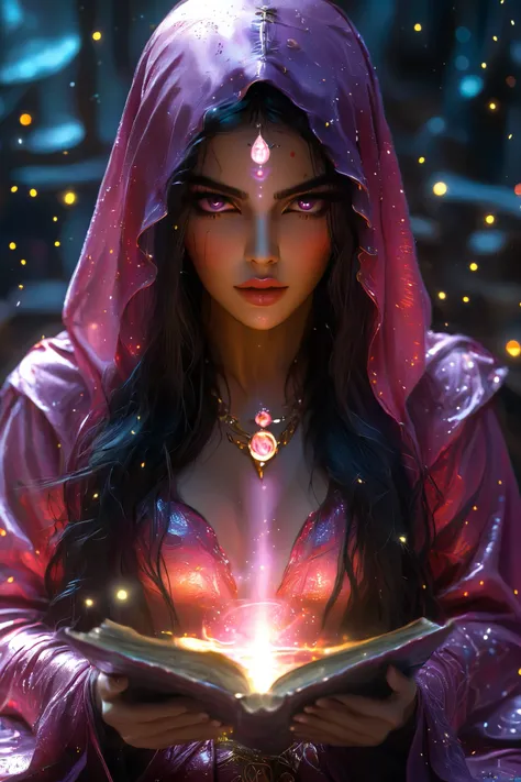 Magnificent, A robed astrologer sits quietly at a table covered with symbols,showing up a gypsy tarot cards in her hand,sits on the Zodiac table cloth,glowing eyes,glowing colorful zodiac, There is arabic text at the bottom of the card, fit snugly on face,...