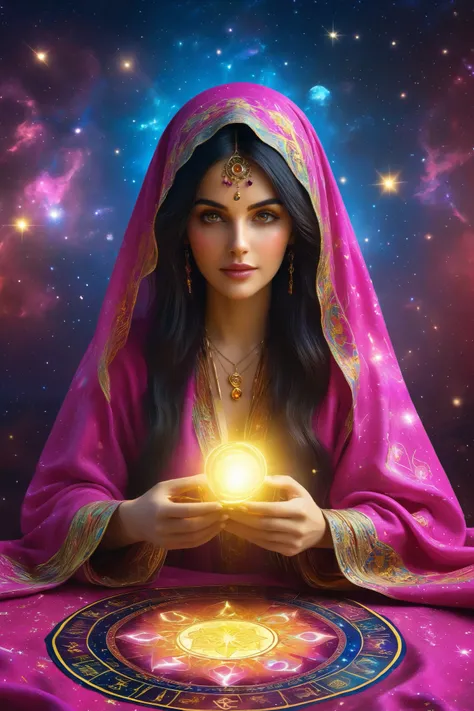 Magnificent, A robed astrologer sits quietly at a table covered with symbols,showing up a gypsy tarot cards in her hand,sits on the Zodiac table cloth,glowing eyes,glowing colorful zodiac, There is arabic text at the bottom of the card, fit snugly on face,...