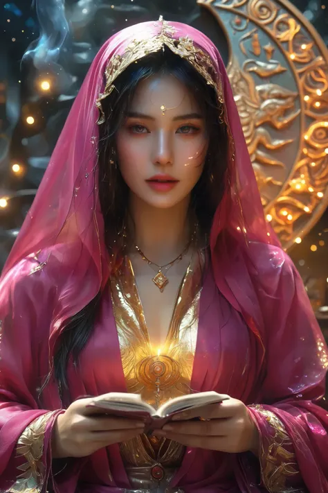 Magnificent, A robed astrologer sits quietly at a table covered with symbols,showing up a gypsy tarot cards in her hand,sits on the Zodiac table cloth,glowing eyes,glowing colorful zodiac, There is arabic text at the bottom of the card, fit snugly on face,...