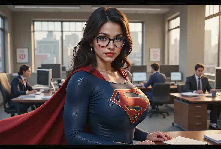 FULL BODY VIEW OF A GORGEOUS 17-YEAR-OLD GIRL WITH BLUE EYES, BLACK HAIR IN A BUN, WEARING CLARK KENT GLASSES AND A SUPERMAN SUIT AND CAPE AT WORK INSIDE THE DAILY PLANET. FULL 8K PHOTO REALISTIC RESOLUTION, RETINA, TEXTURES AND DETAILS. enhanced with flas...