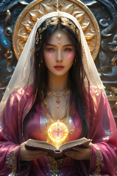 Magnificent, A robed astrologer sits quietly at a table covered with symbols,showing up a gypsy tarot cards in her hand,sits on the Zodiac table cloth,glowing eyes,glowing colorful zodiac, There is arabic text at the bottom of the card, fit snugly on face,...