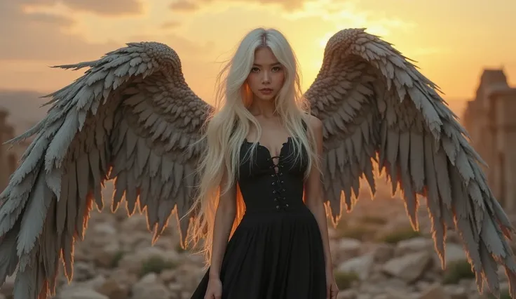 A fallen long platinum haired angel wearing a black dress, enchanting sad eyes, shaggy gray wings but still charming, sexy dress with full breasts. Has an Asian face, youthful, extremely beautiful eyes, She stands on the ruins of an ancient city, the sunse...