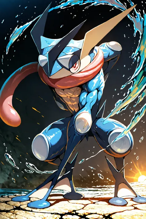(Masterpiece:1.5), Ultra detailed, (Best quality:1.5), BREAK Greninja(Pokémon), BREAK (Muscular body:1.5), full body,intricate details,photorealistic,8K,HDR,cinematic lighting,dramatic pose,powerful expression,water-type Pokémon,water manipulation,action s...