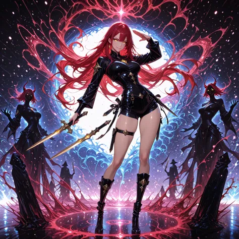 (masterpiece, best quality), amazing quality, very aesthetic, absurdres, newest, HDR, 8K, high detail RAW color art,  splash art, 1girl, golden eyes, red hair, very long hair, medium breasts, curvy, beautiful, cool, sexy,  long sleeves, black corset, black...