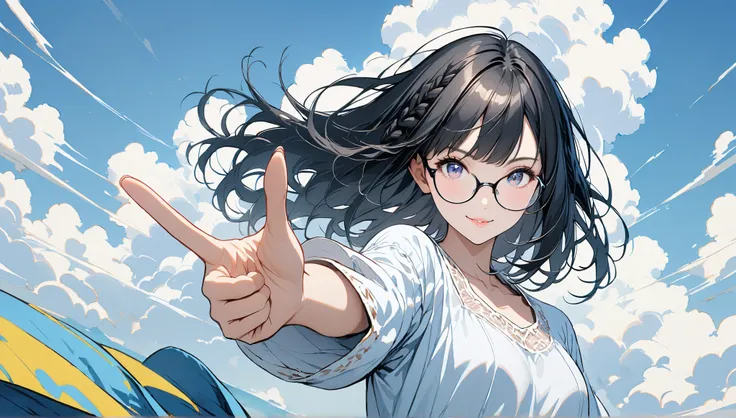 ((cloud))、((alone)),((blue sky background)),wind、((finger_gun,viewer)),(( fingertips)),((Front View)),Smile,((black hair braid long hairstyle)),(((black rimmed glasses))),masterpiece, Highest quality, Beautiful attention to detail, Very detailed, In detail...