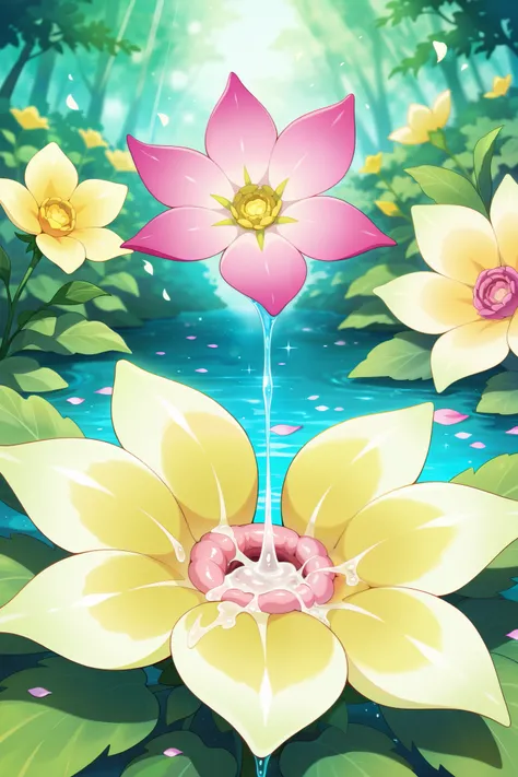 highres, newest, anime_screenshot, anime_coloring, 2d, 1girl, detailed face, delicate facial features, serious expression, spread pussy, dripping cum, lush garden background, sunlit atmosphere, soft flower petals, sparkling water, intricate foliage, 8k, ul...