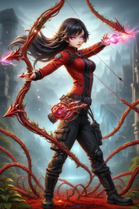 (masterpiece, best quality), amazing quality, very aesthetic, absurdres, newest, HDR, 8K, high detail RAW color art, gacha splash art, 1girl, purple eyes, multicolored eyes, black hair with pruple streaks, very long hair, medium breasts, long sleeves, blac...