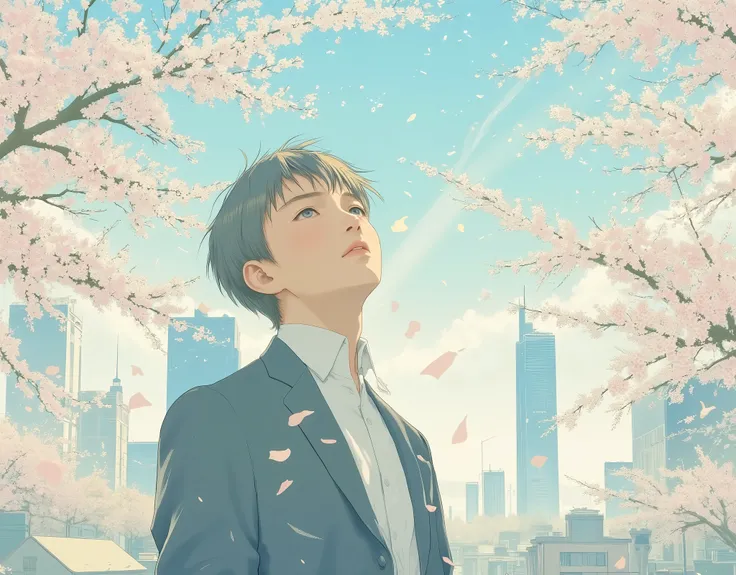 Cherry trees in full bloom々An afternoon in a Japanese city surrounded by。a young man walking through an urban cityscape。彼はNew social personです。彼はnervousした面持ちの表情で空を見上げています。Beautiful cherry blossom petals are scattered as if celebrating his departure。warm sun...
