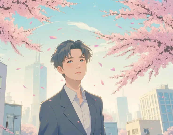 Cherry trees in full bloom々An afternoon in a Japanese city surrounded by。a young man walking through an urban cityscape。彼はNew social personです。彼はnervousした面持ちの表情で空を見上げています。Beautiful cherry blossom petals are scattered as if celebrating his departure。warm sun...