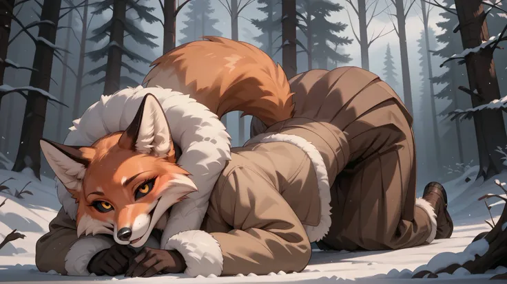  grey sky, forest plain, winter, fox, black eye sclera, yellow eyes, brown fur coat , brown skirt, voluminous inserts along the edges of the white fur coat and skirt,  ass up, arched her back up,