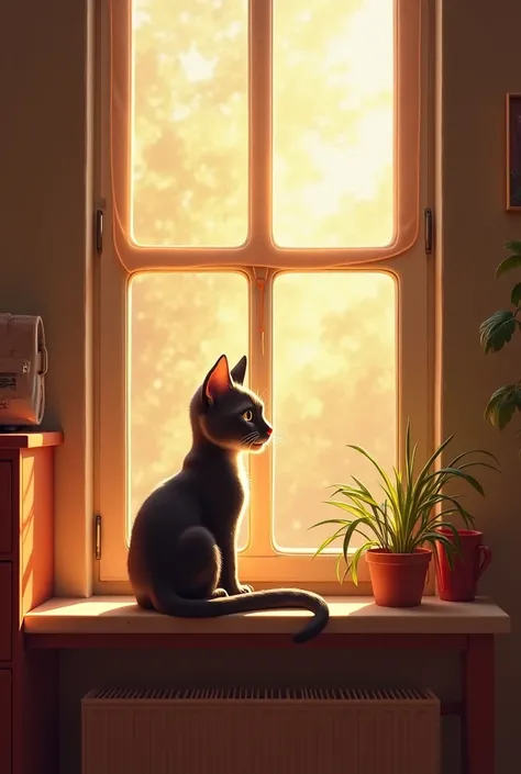 Make a window with protective nets with a cat on the window and the name mr. 