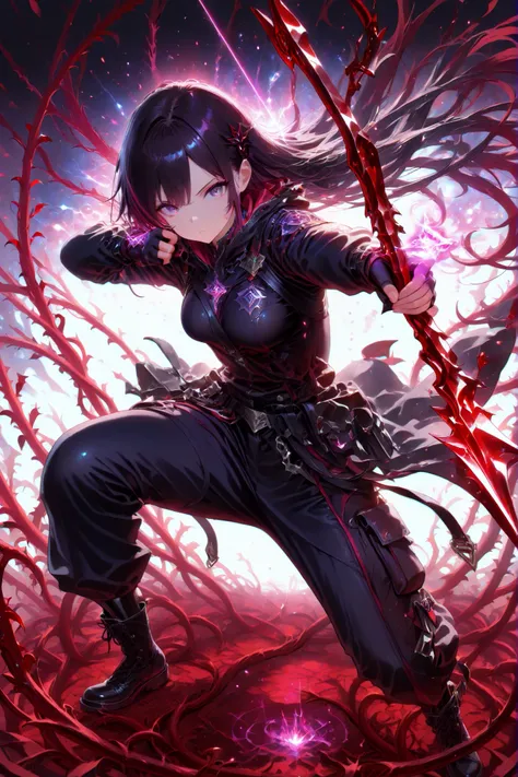 (masterpiece, best quality), amazing quality, very aesthetic, absurdres, newest, HDR, 8K, high detail RAW color art, gacha splash art, 1girl, purple eyes, multicolored eyes, black hair with pruple streaks, very long hair, medium breasts, long sleeves, blac...