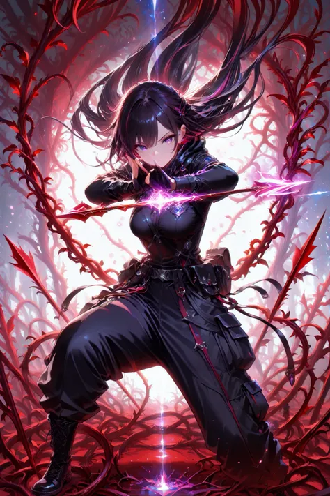 (masterpiece, best quality), amazing quality, very aesthetic, absurdres, newest, HDR, 8K, high detail RAW color art, gacha splash art, 1girl, purple eyes, multicolored eyes, black hair with pruple streaks, very long hair, medium breasts, long sleeves, blac...
