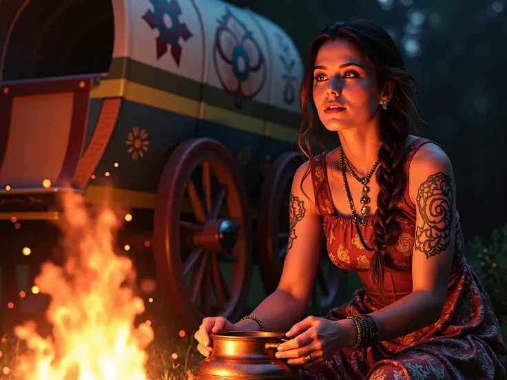 A woman with mahogany hair (partially braided) sings by a campfire, her hazel eyes catching the flames. Flower tattoos dance in the firelight as she stirs a copper pot. A painted wagon behind her shows Romani symbols. Warm tones, motion blur on embers, fol...