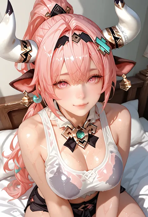 ultra detailed realistic busty varesa half body, pink hair, pink eyes, white tanktop wet, background, ray tracing, ponytail hair, sitting on the bed, cute face, has cow horn and ear accessories on head