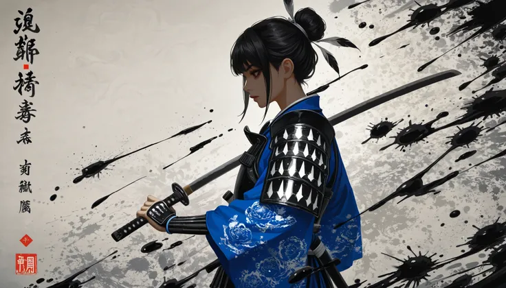 a poster of a young agile female samurai, with a pair of wakizashi, with black hair in a bun, her white and blue clothes and armor, decorated with air and feather motifs., dark mood ::2 multi-layered compositions, uhd image intricate patterns and details :...